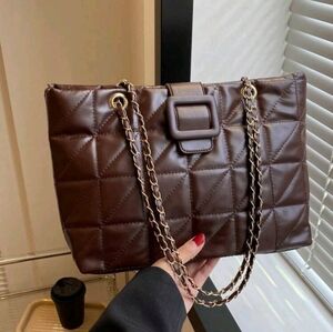 Brown Quilted Purse with Chain Link Strap, Shoulder Bag, Crossbody B…